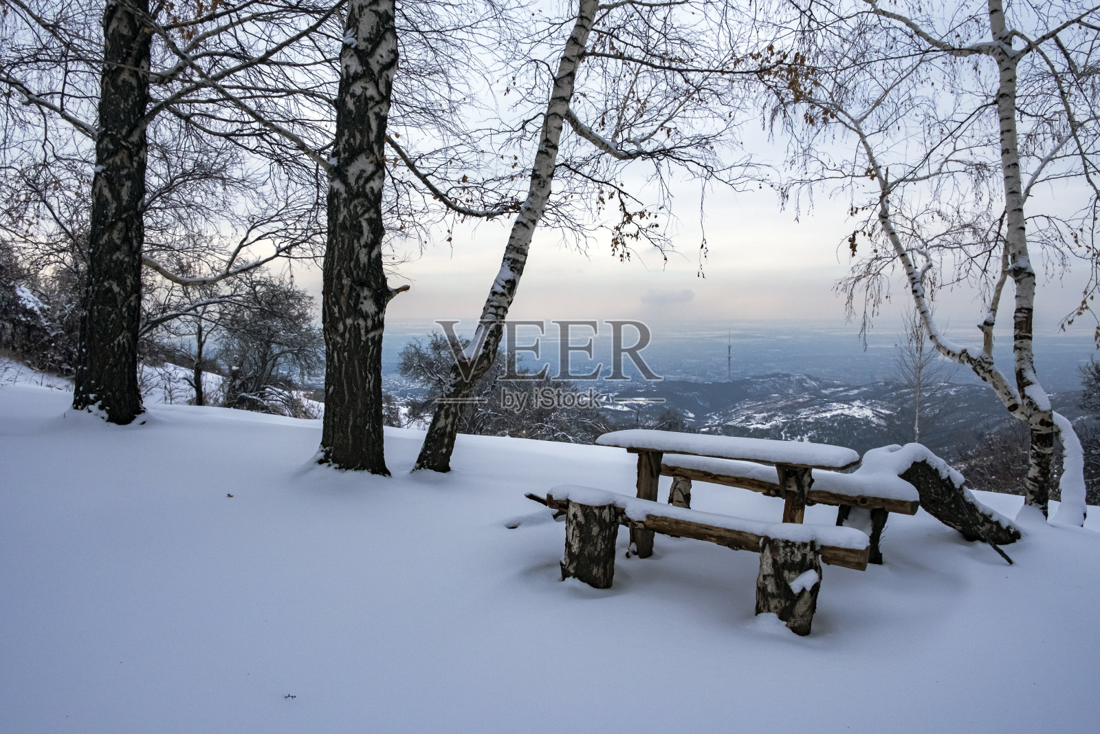 美丽的木凳和桌子覆盖着冬天山上的雪。自然背景。照片摄影图片