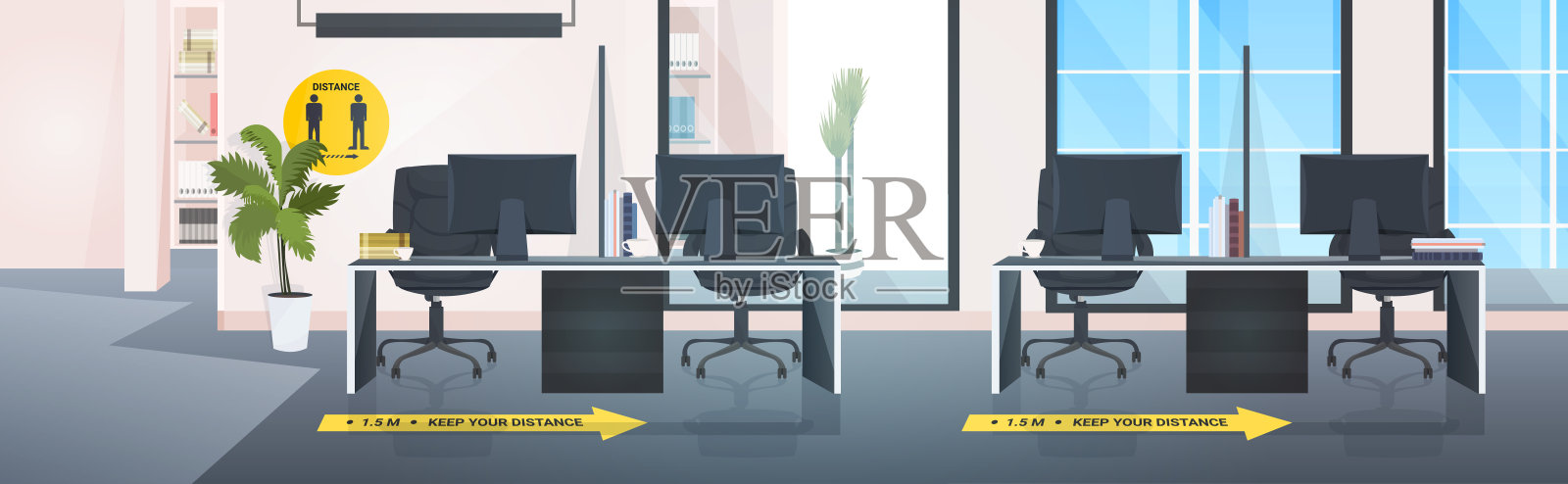 有社交距离标志的办公桌黄色贴纸的冠状病毒疫情防护措施设计模板素材
