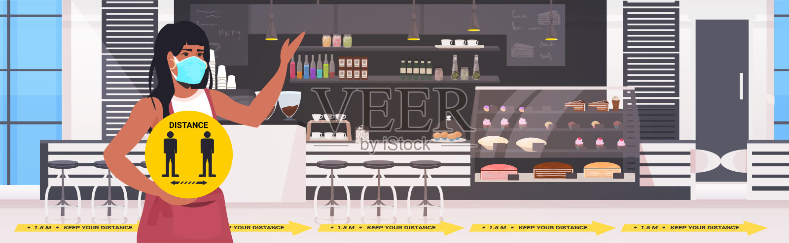 女服务员戴着口罩,举着黄色标志,保持距离,以防止冠状病毒大流行插画图片素材