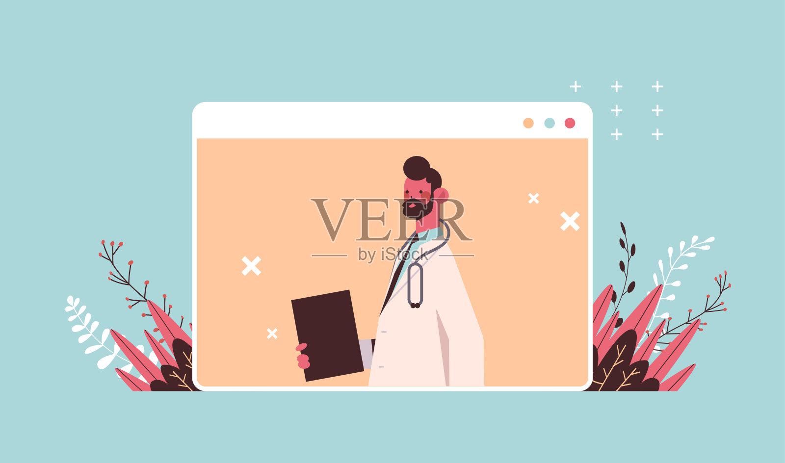 男医生在网页浏览器窗口咨询病人在线咨询医疗保健远程医疗建议插画图片素材