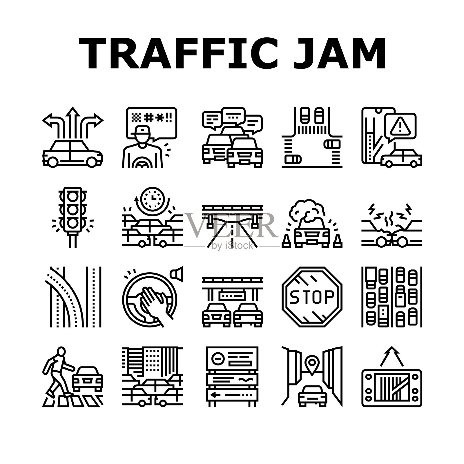 交通堵塞运输收集图标设置矢量插画图片素材