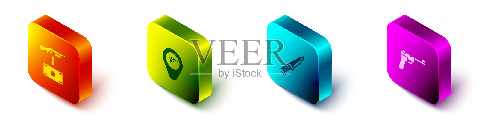 设置等距购买突击步枪,位置与武器,军用刀和毛瑟枪图标。向量图标素材