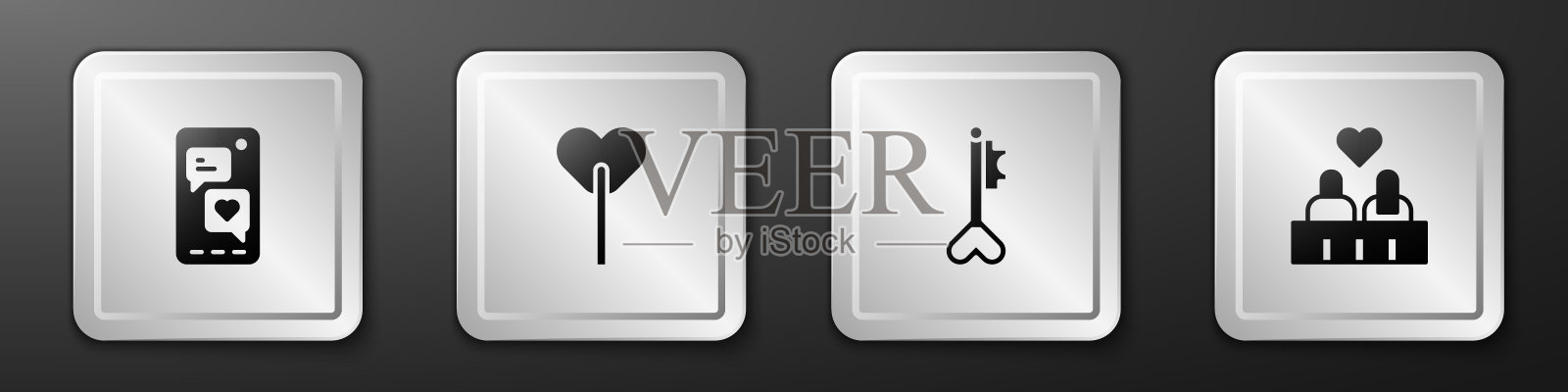 Set Mobile with heart, Lollipop, Key in shape and Couple love icon。银广场按钮。向量图标素材