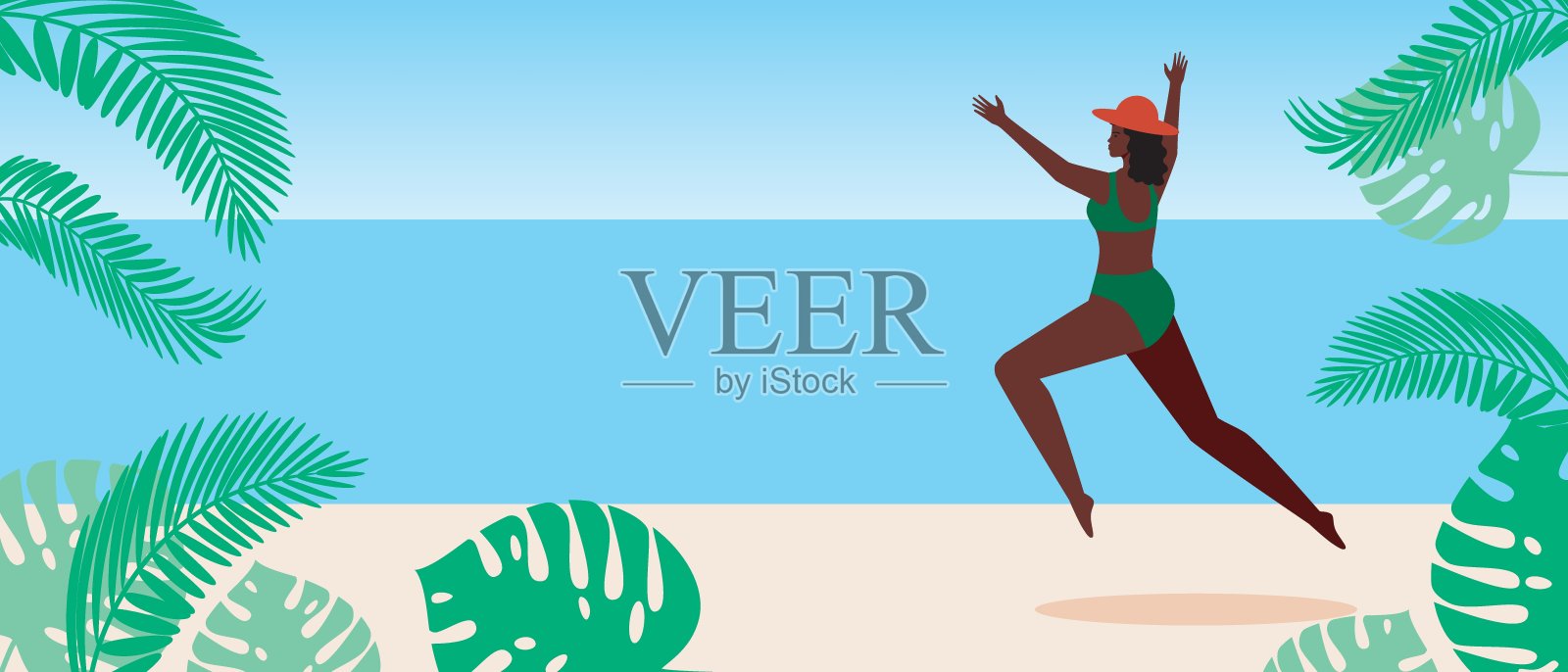 非洲女人在海边度假胜地,海滩作为模板复制空间,平面矢量股票插图与快乐跳跃和异国情调的叶子插画图片素材