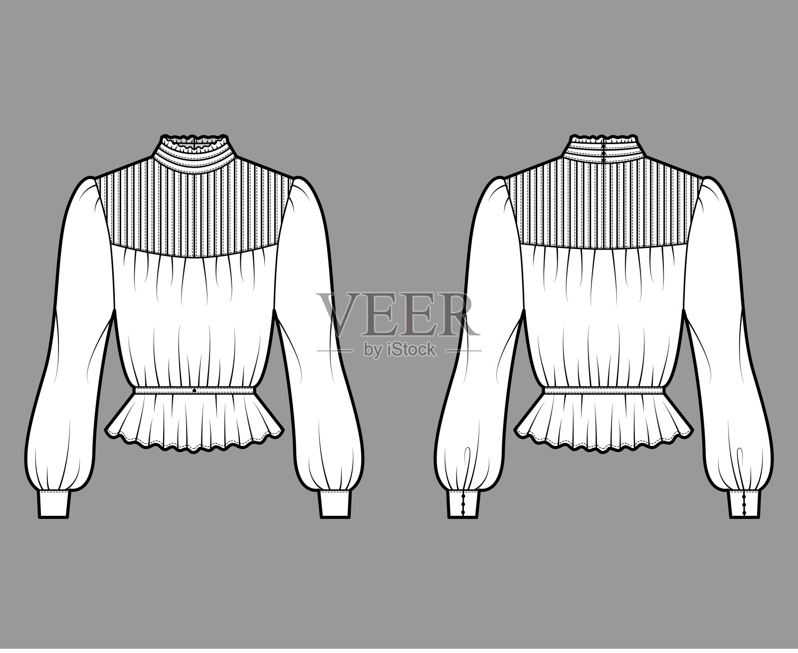 吉布森衬衫技术时尚插图与蓬松的长袖,立领,腰边下摆,合身的身体,针脚插画图片素材