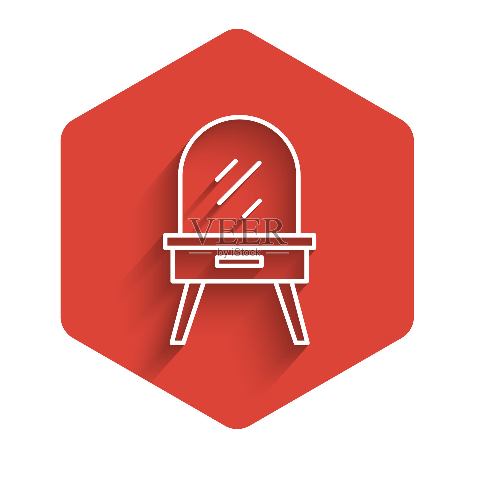白色线梳妆台图标孤立与长阴影。红色的六角按钮。向量插画图片素材