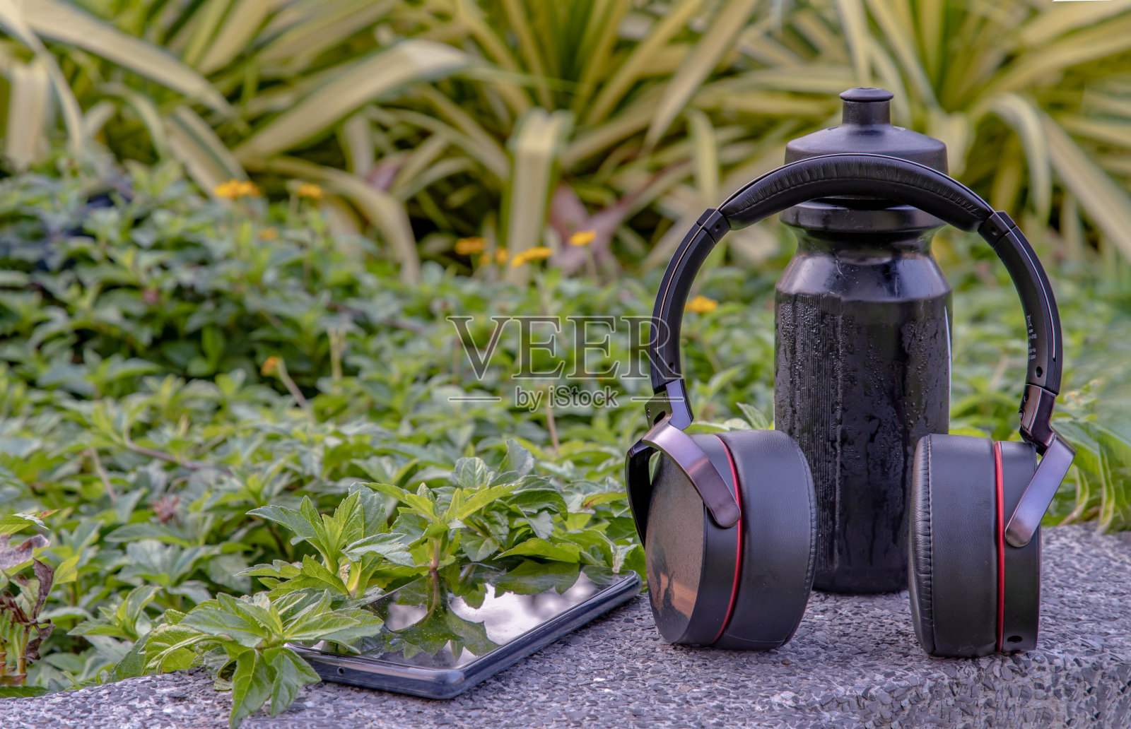 休息时间,放置在自然绿色背景下的手机和耳机听音乐和水瓶。照片摄影图片