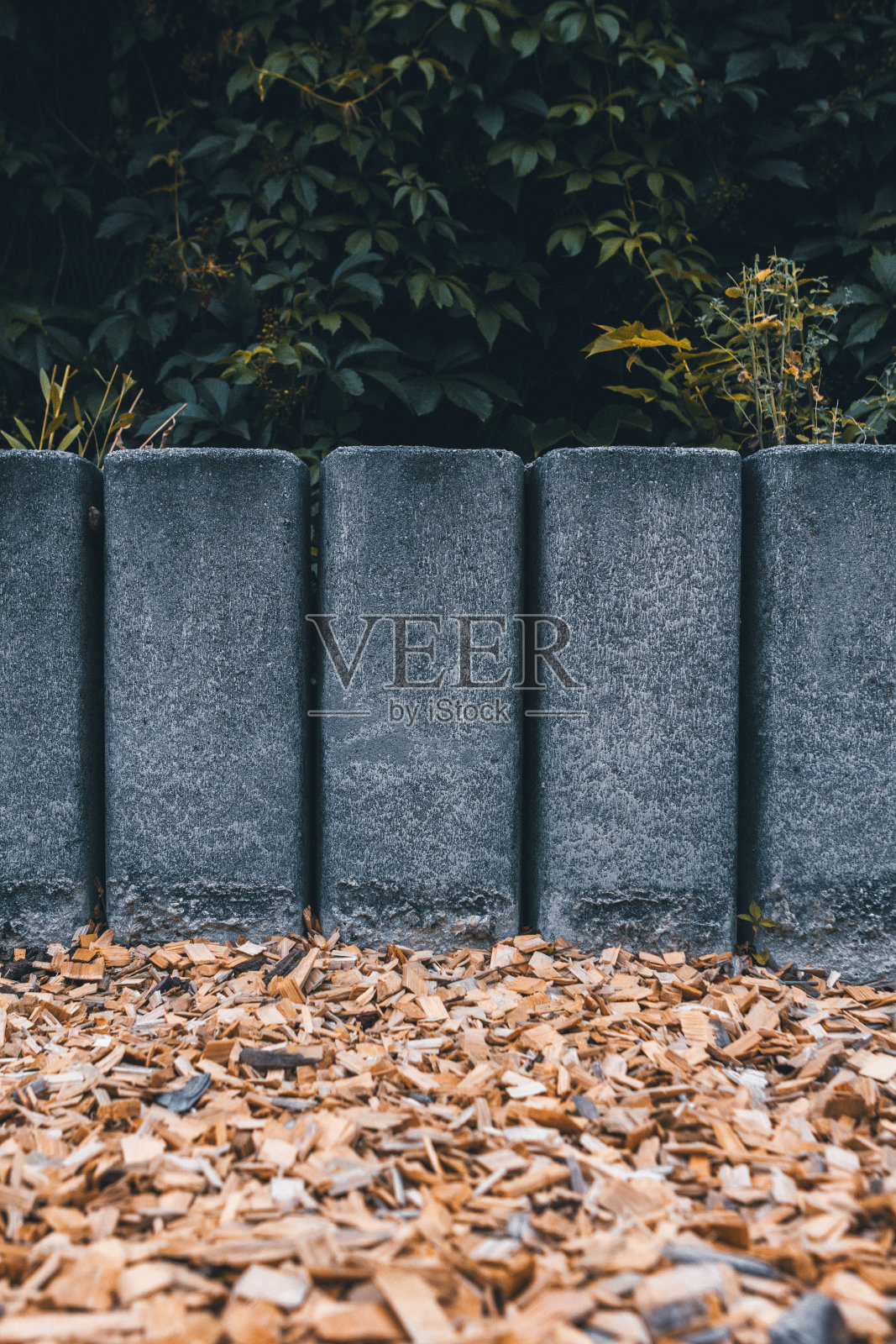 木片前面的短灰色篱笆保护花园在室外操场。照片摄影图片