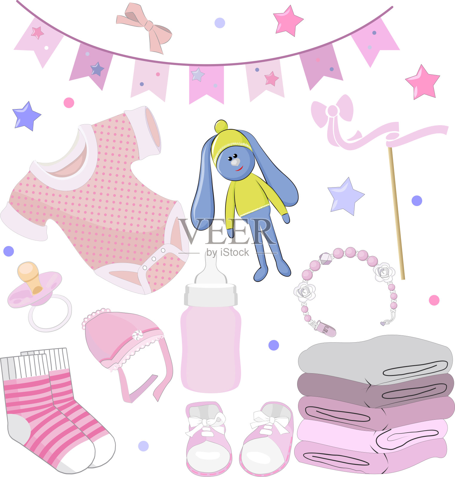 矢量插图的集合的儿童和儿童的衣服。婴儿的靴子,袜子,婴儿的身体,玩具兔设计元素图片