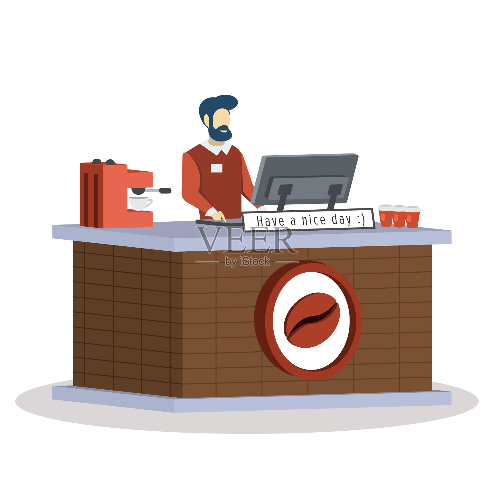 咖啡店销售员半平面RGB彩色矢量插图。咖啡师,柜台服务员。在咖啡馆工作的男人。有咖啡机的自助餐厅。孤立的卡通人物在白色背景插画图片素材
