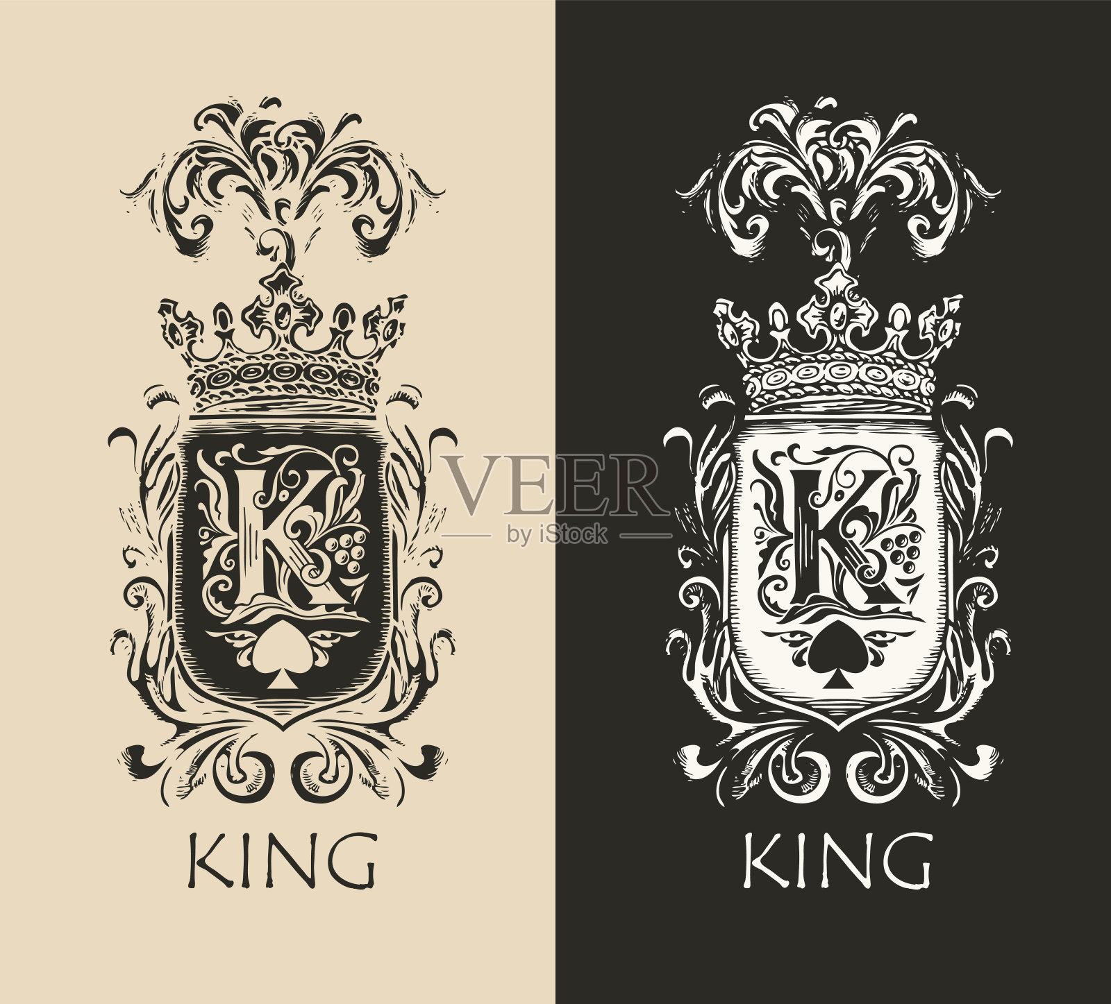 带有王冠和字母K的复古纹章插画图片素材