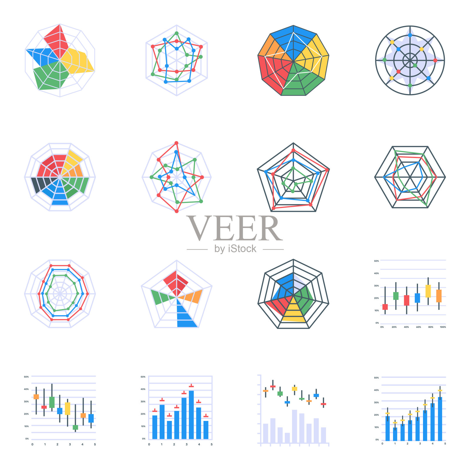 一套流行的烛台图表在平面图标插画图片素材