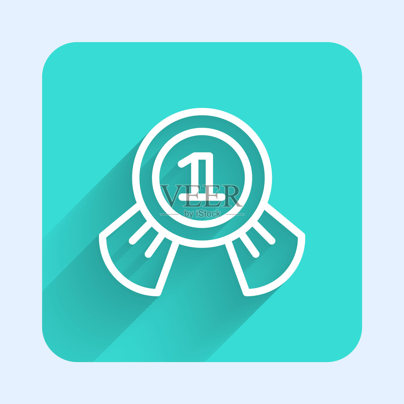 白色线条奖章图标,长阴影隔离。优胜者标志。绿色方形按钮。矢量插画图片素材