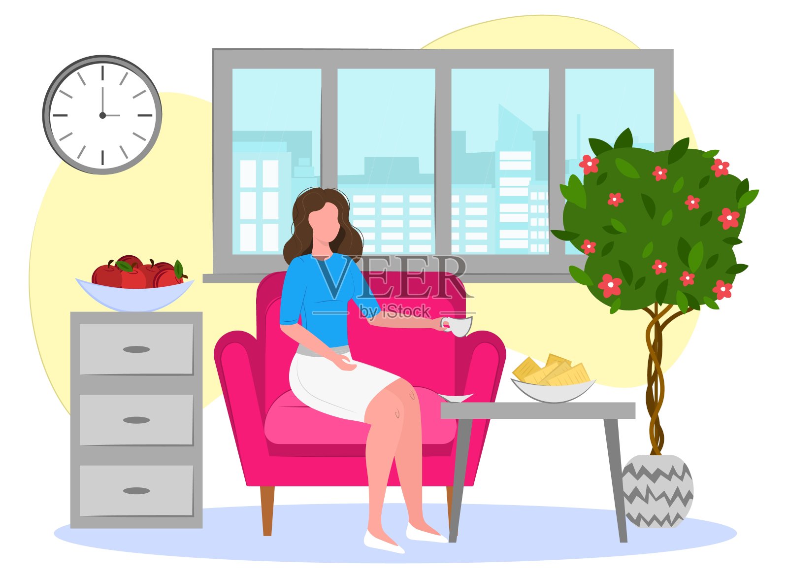 女孩坐在家里的扶手椅上喝茶。插画图片素材