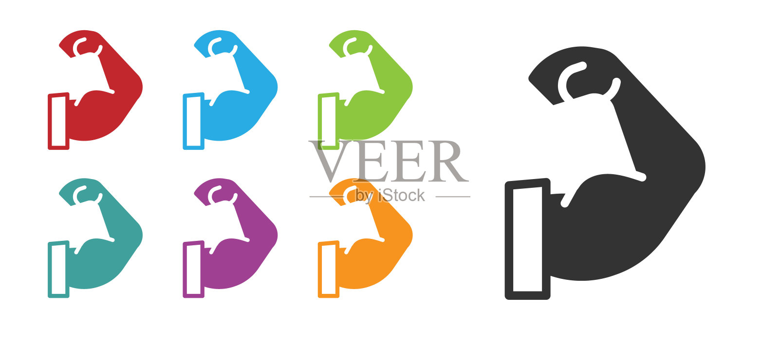 黑色健美者显示他的肌肉图标孤立在白色背景。适合健身强度健康爱好概念。设置图标丰富多彩。向量图标素材