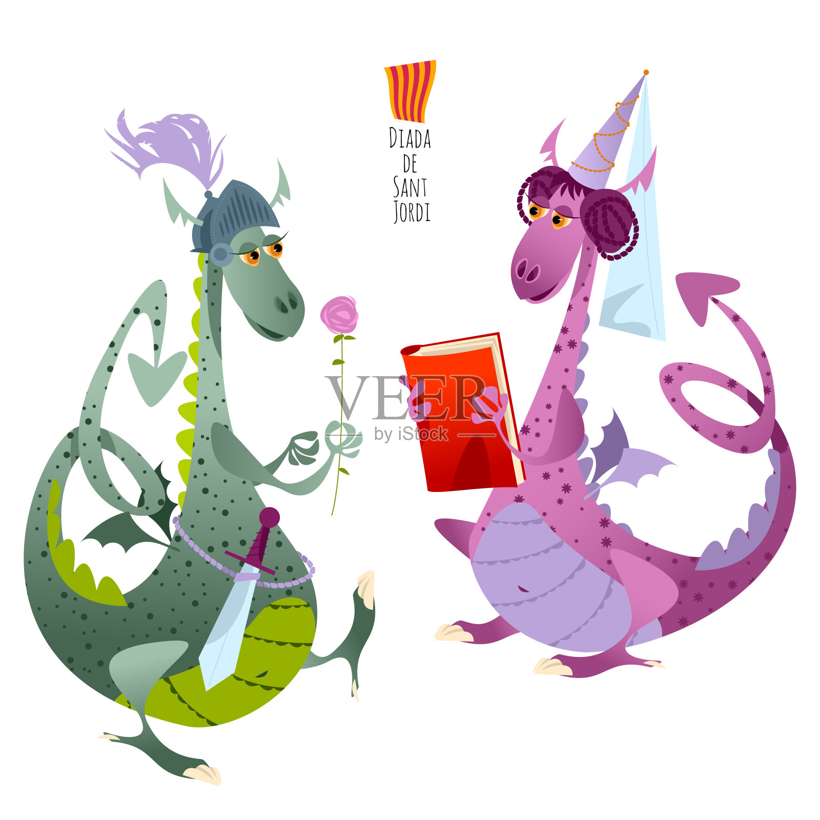 两条童话中的龙。Diada de Sant Jordi(2019年圣乔治节)。西班牙加泰罗尼亚的传统节日。Dia del llibre(书的日子)。插画图片素材