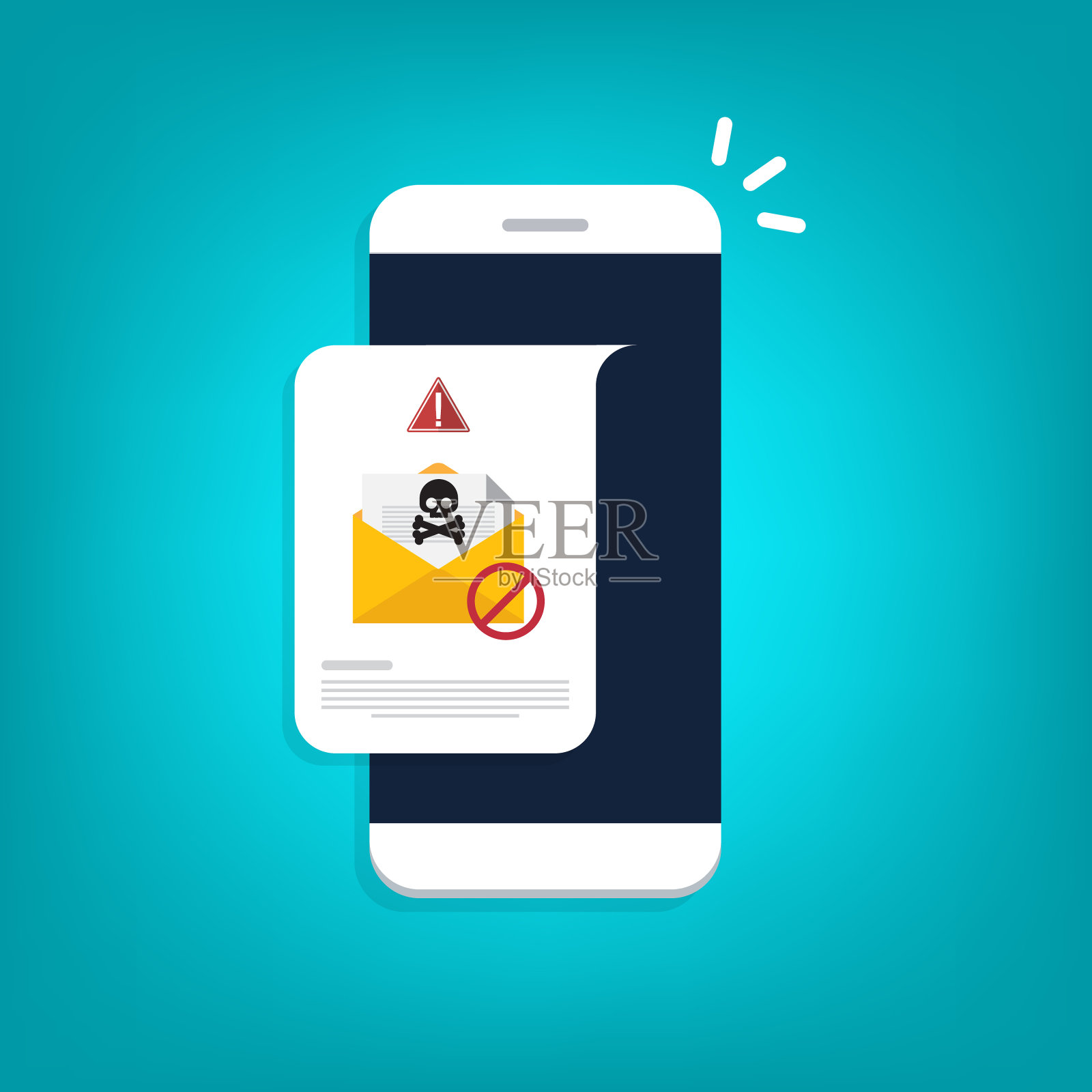电子邮件/信封与黑色文件和骷髅图标通知智能手机。病毒、恶意软件、电子邮件诈骗、垃圾邮件、钓鱼诈骗、黑客攻击概念。矢量图插画图片素材