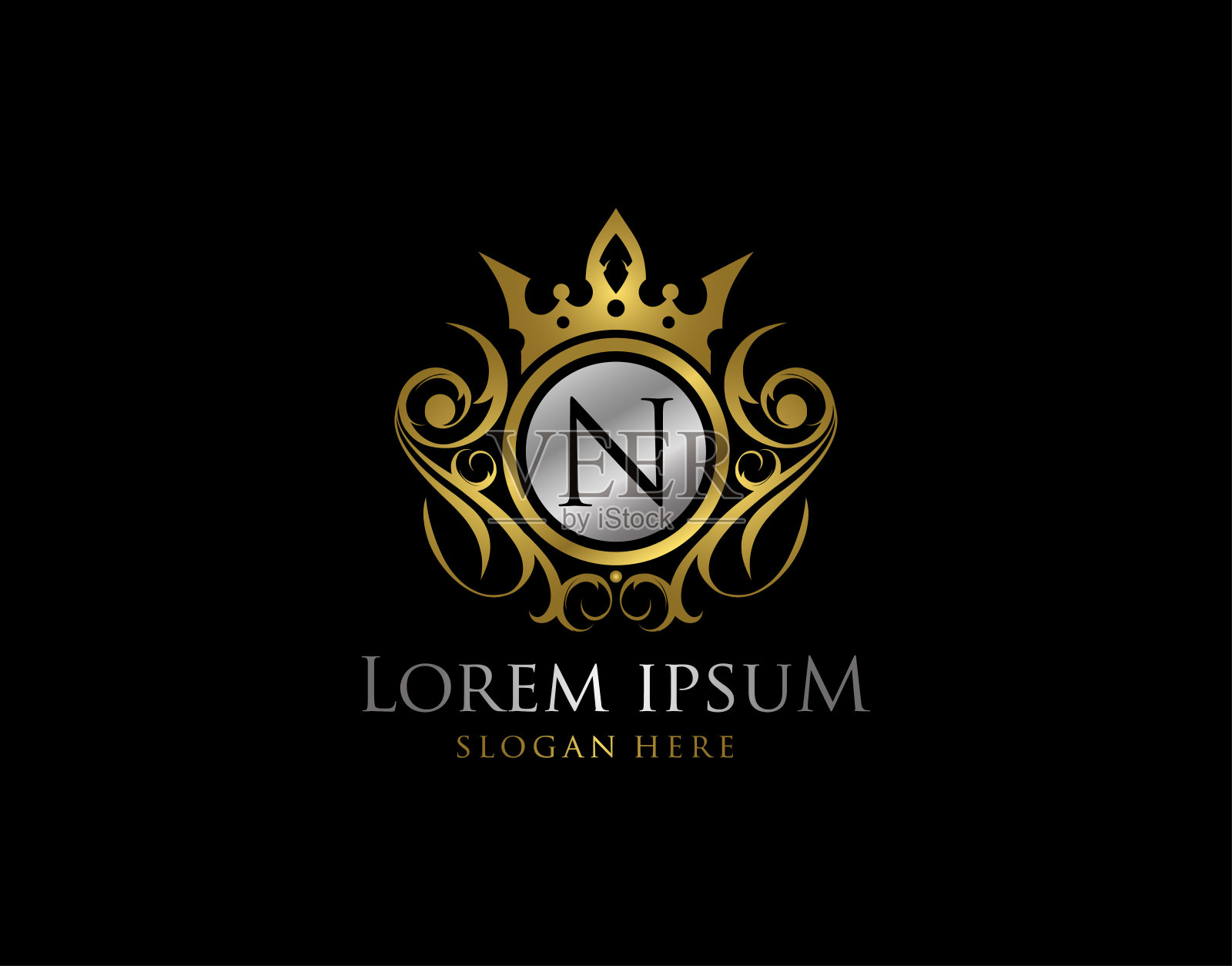 豪华女王皇冠N字母黄金标志插画图片素材