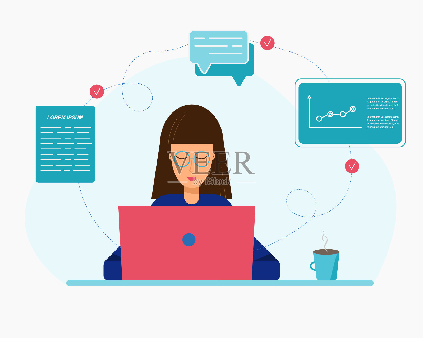 微笑的漂亮女孩在用笔记本电脑工作。普遍的自由职业、教育、在线学习的概念。平面风格的矢量插图。插画图片素材