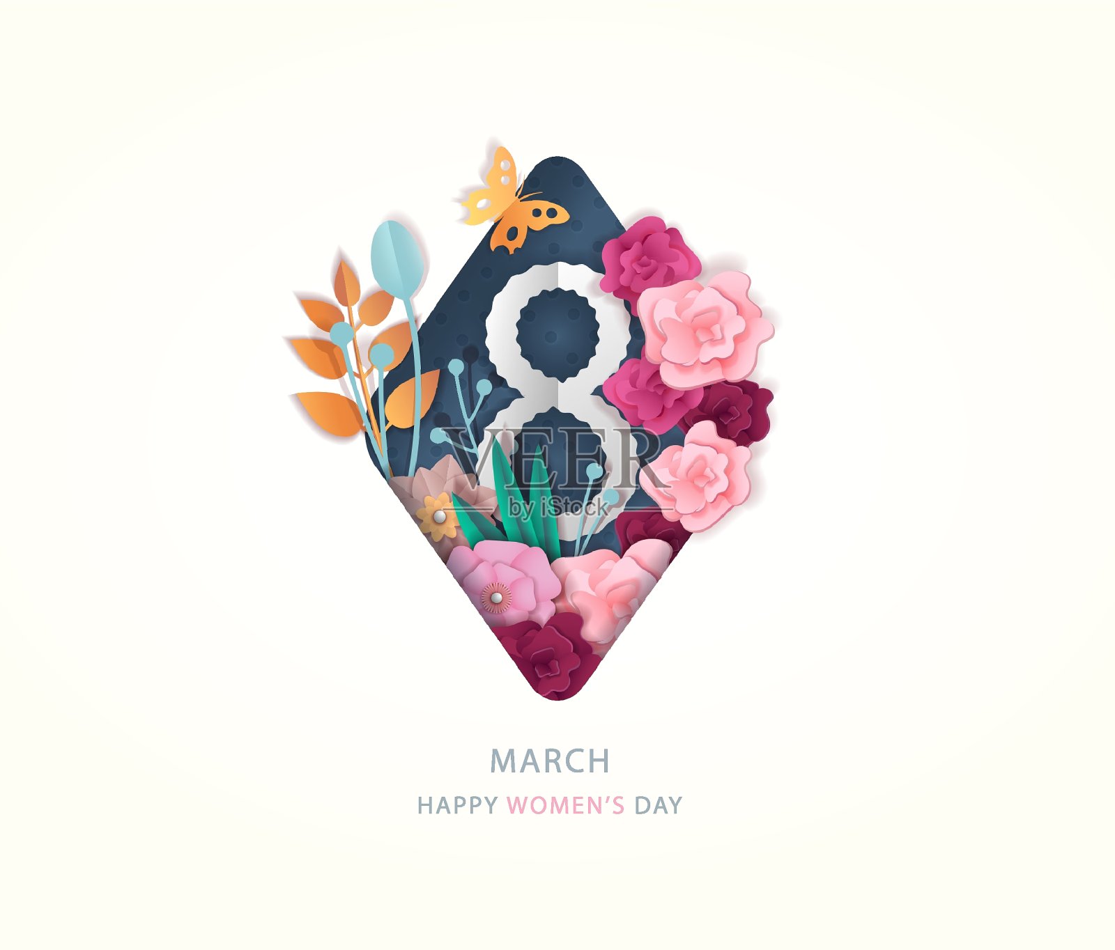 贺卡,国际妇女节3月8日横幅与鲜花装饰和数字8。矢量插图在剪纸牛皮纸风格。所有对象都是隔离的插画图片素材