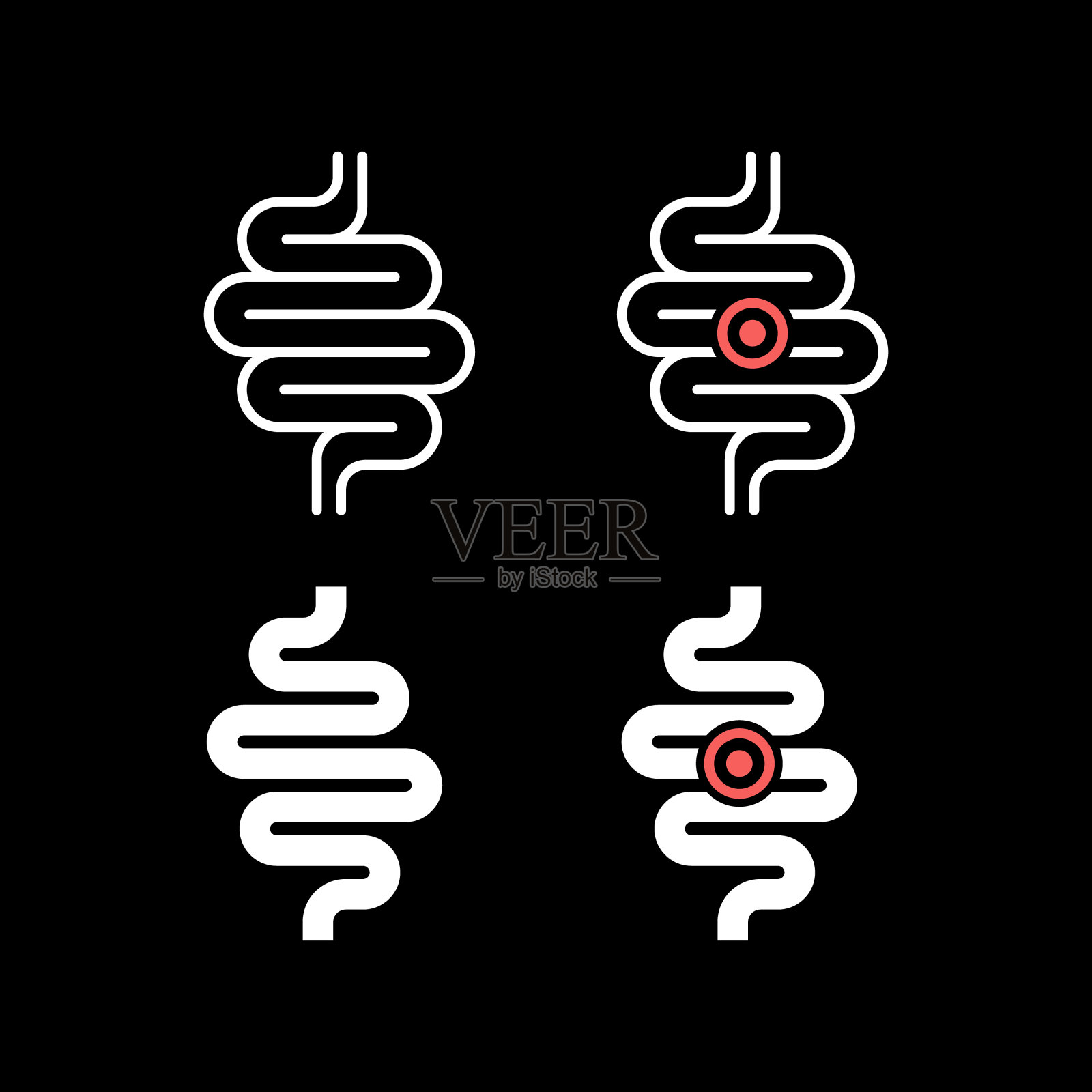 肠和肠疼痛字形和线图标插画图片素材