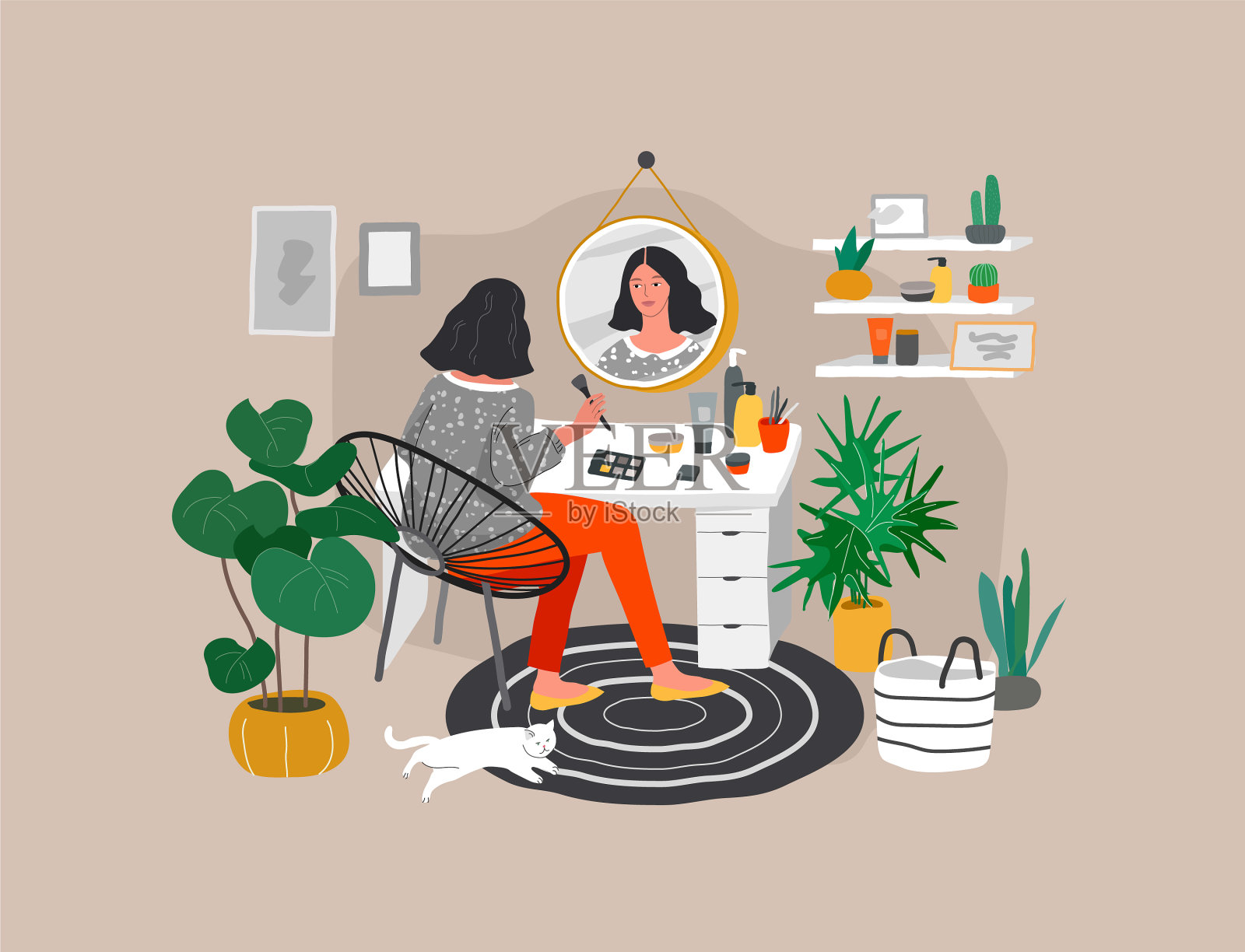 女孩在镜子前为皮肤化妆插画图片素材