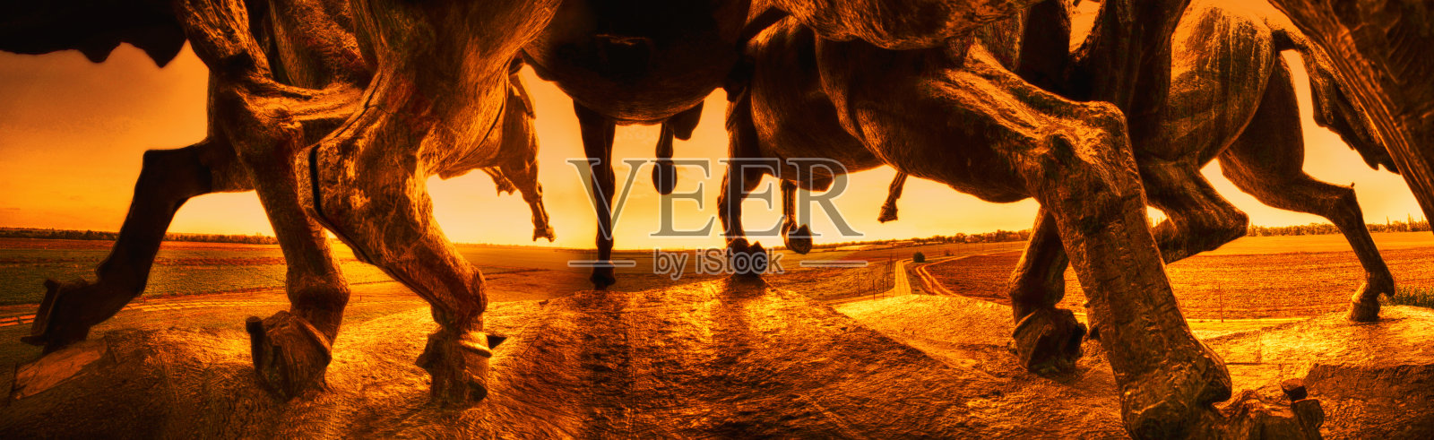 程式化的全景青铜纪念碑与奔腾的马照片摄影图片