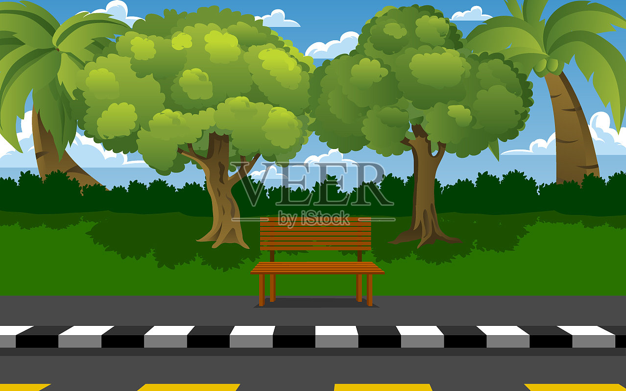 公园里的树和木椅插画图片素材