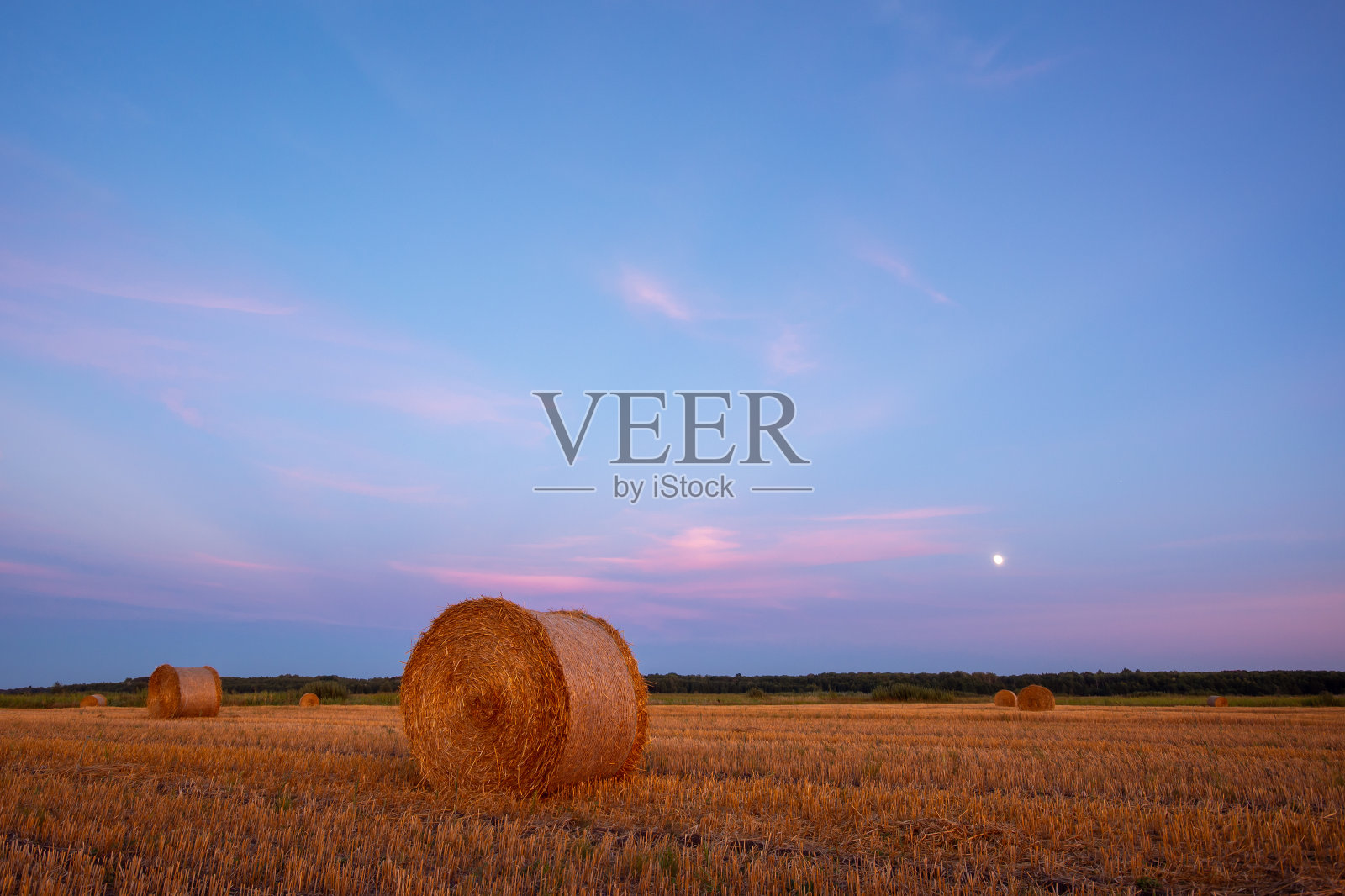 傍晚的照片,在蓝色的时间稻草捆和上升的月亮在背景照片摄影图片