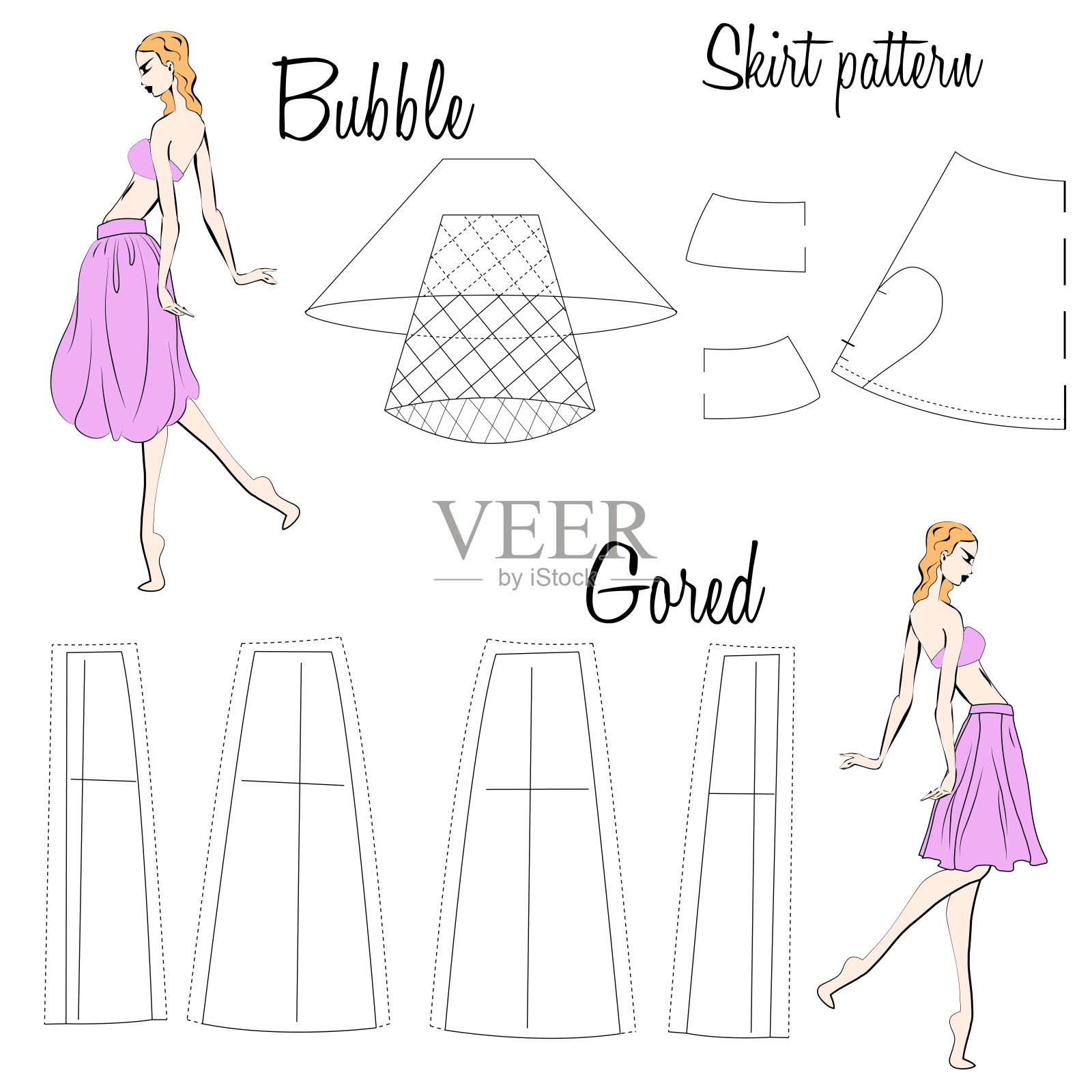 裙子泡沫和角图案。一种视觉表现的风格的裙子上的数字。女士裙子的设计和图案说明。手绘的模型。插画图片素材