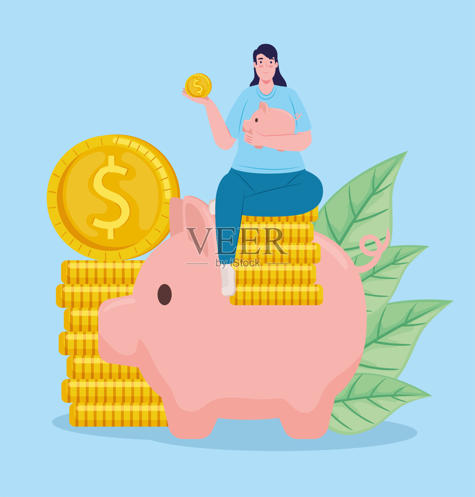 女救助者举着小猪储蓄坐在硬币与树叶插画图片素材