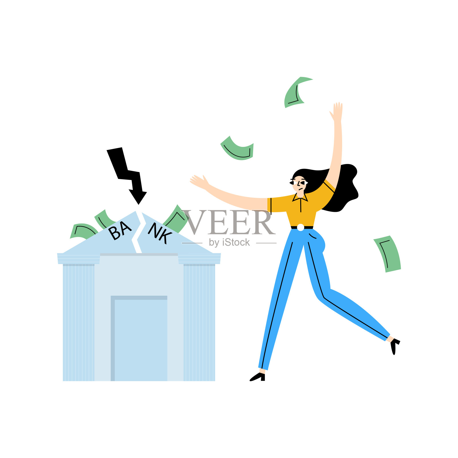 经济危机的概念,汇率下跌,金钱损失,证券交易所崩溃。股市下跌,银行倒闭,一个女人在恐慌中失去了她所有的存款插画图片素材