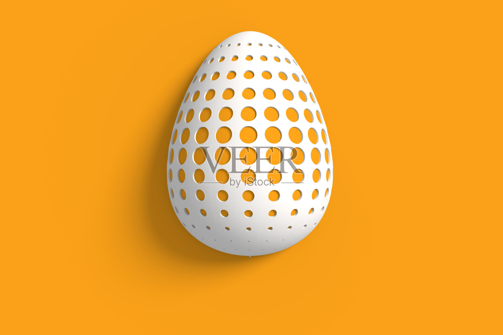 复活节的概念。一个白色的鸡蛋,在黄色的背景上有几何原始雕刻变化的图案。三维演示照片摄影图片