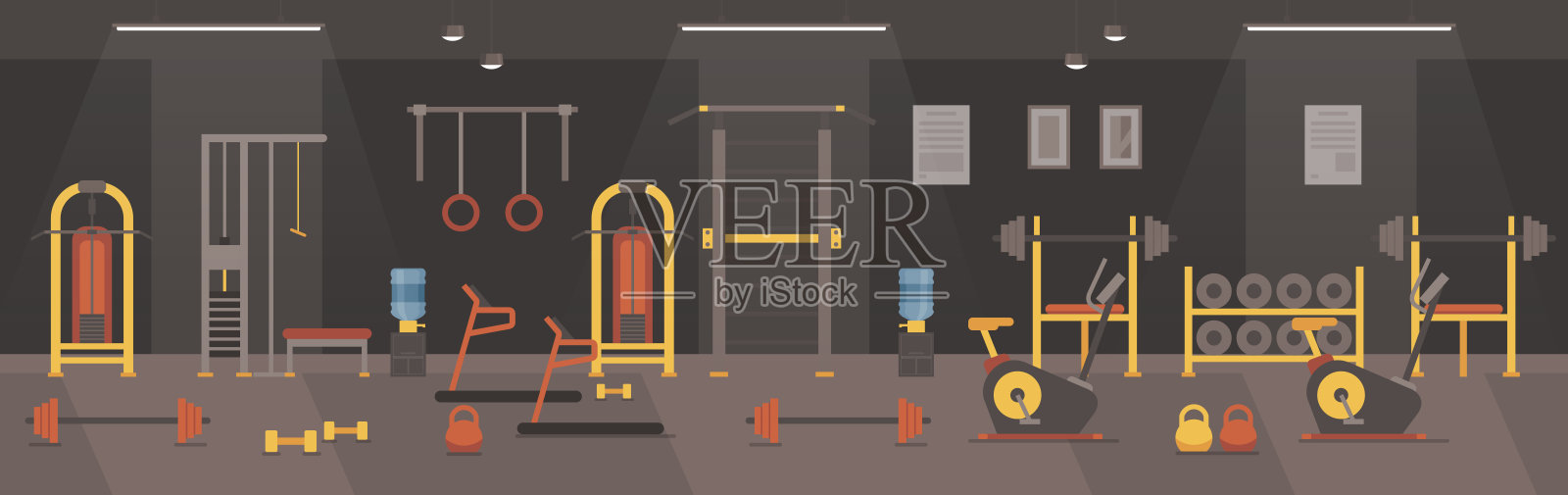 卡通体育俱乐部或健身中心的健身房配有跑步机,自行车设备,金属哑铃和杠铃凳进行重量运动锻炼。体育馆内部矢量插图。插画图片素材