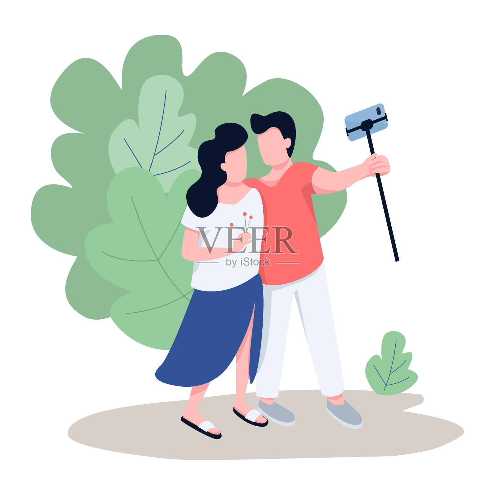 情侣自拍平面彩色矢量无脸人物。游客,视频博主流直播从城市公园孤立的卡通插图网页平面设计和动画插画图片素材