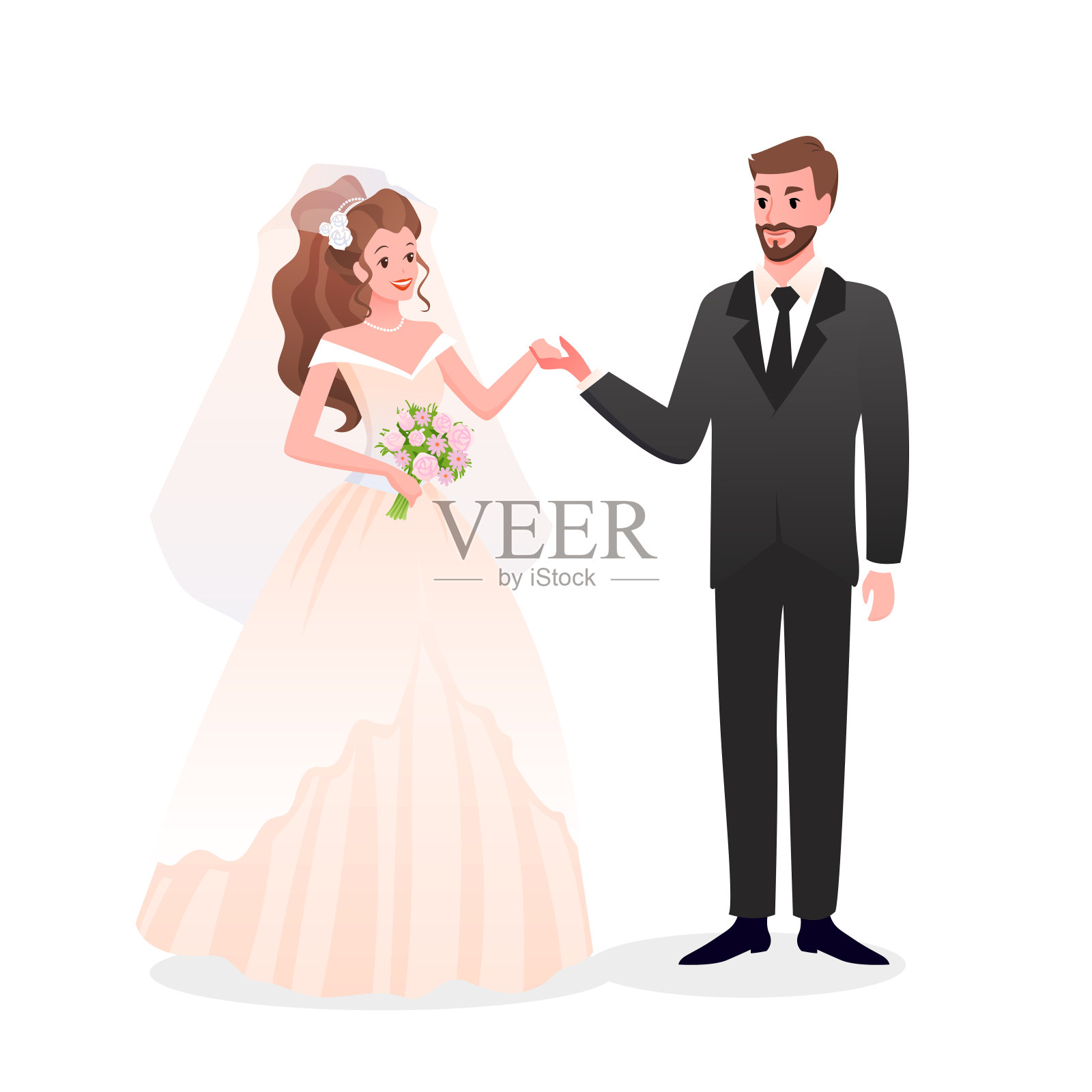 刚刚结婚的幸福的男人女人人物站在一起,可爱浪漫的新娘和新郎手牵手在婚礼当天的派对上庆祝孤立的白色。夫妇婚礼矢量插图。插画图片素材