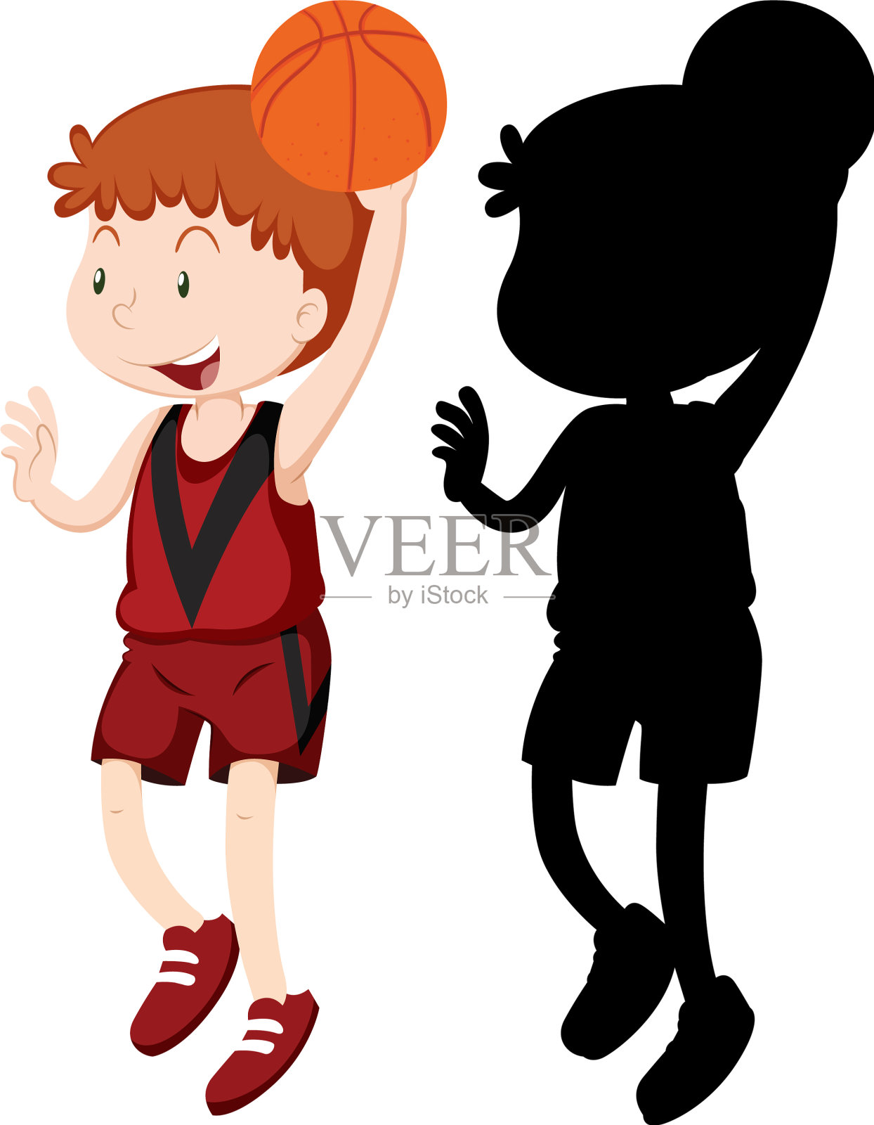 男孩打篮球的颜色和轮廓插画图片素材