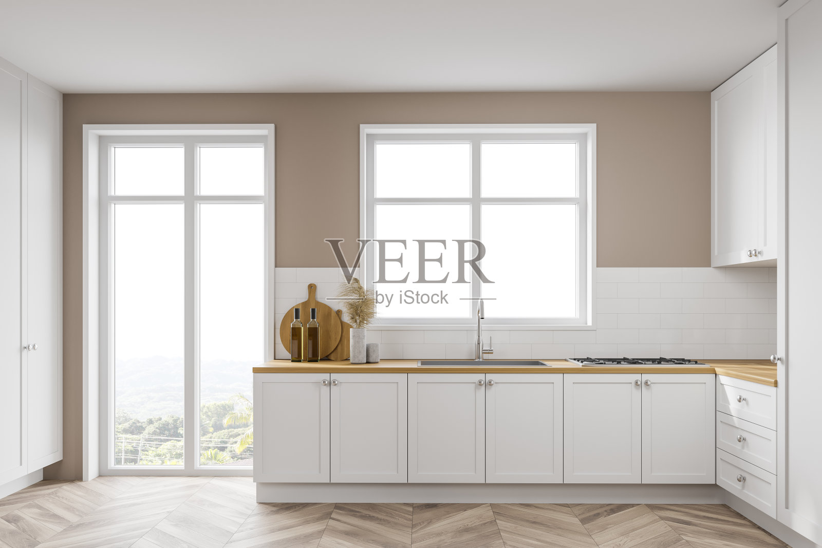 白色的厨房内部和橱柜照片摄影图片