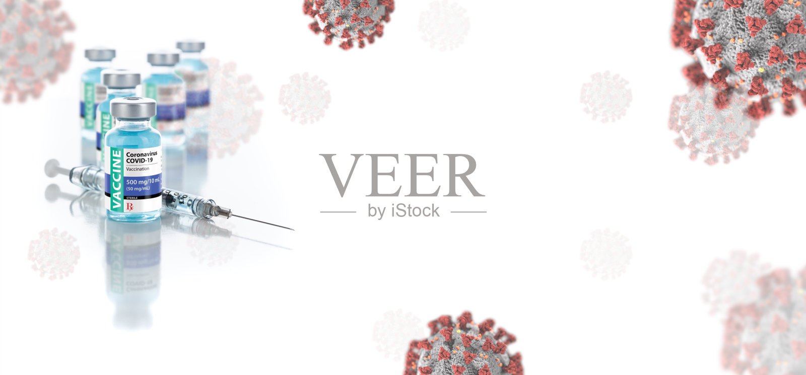 COVID-19疫苗瓶对抗分子背景横幅。照片摄影图片