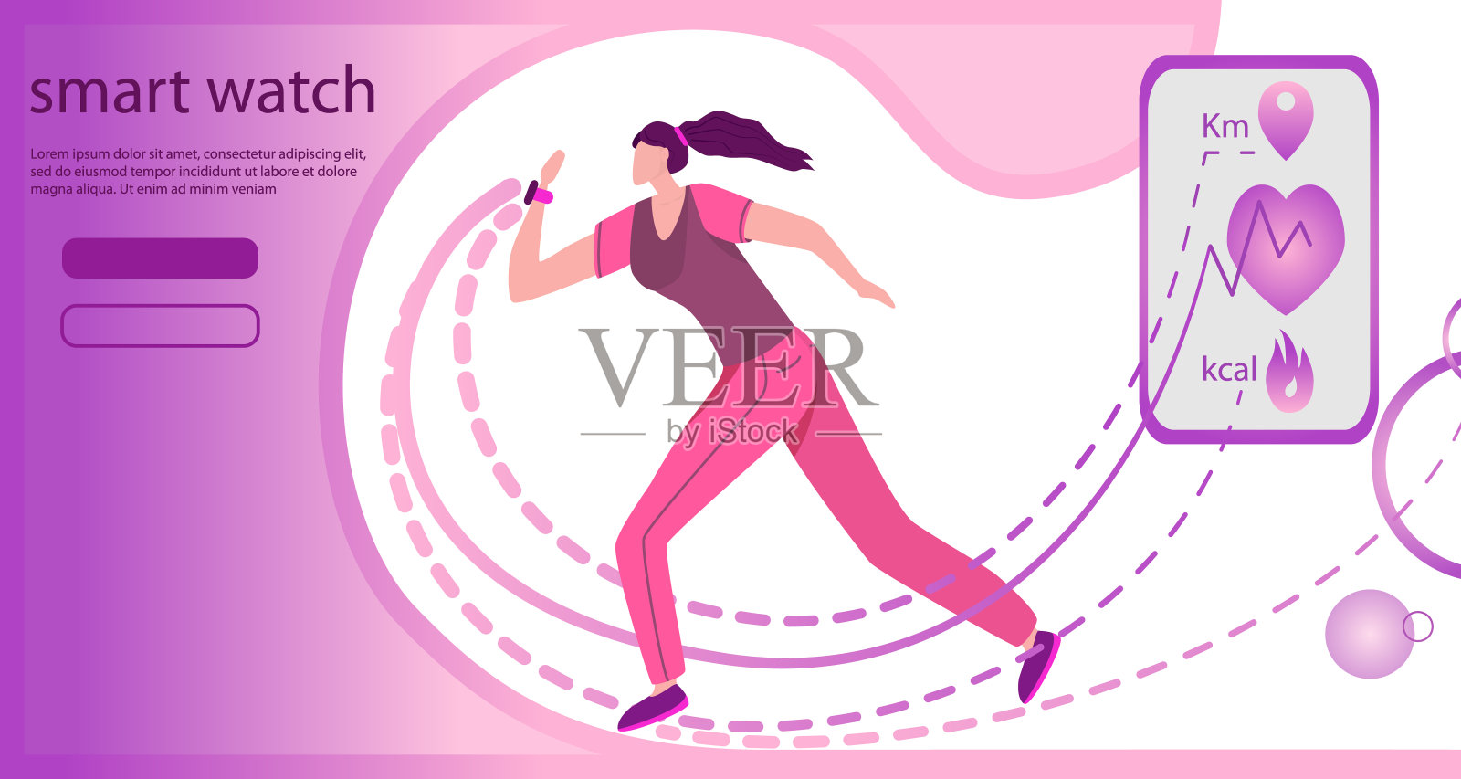 智能手表广告概念模板。苗条的女孩跑。她手腕上戴着智能手表。用现代科技提高生活质量。向量的背景。体育生活方式的形象插画图片素材