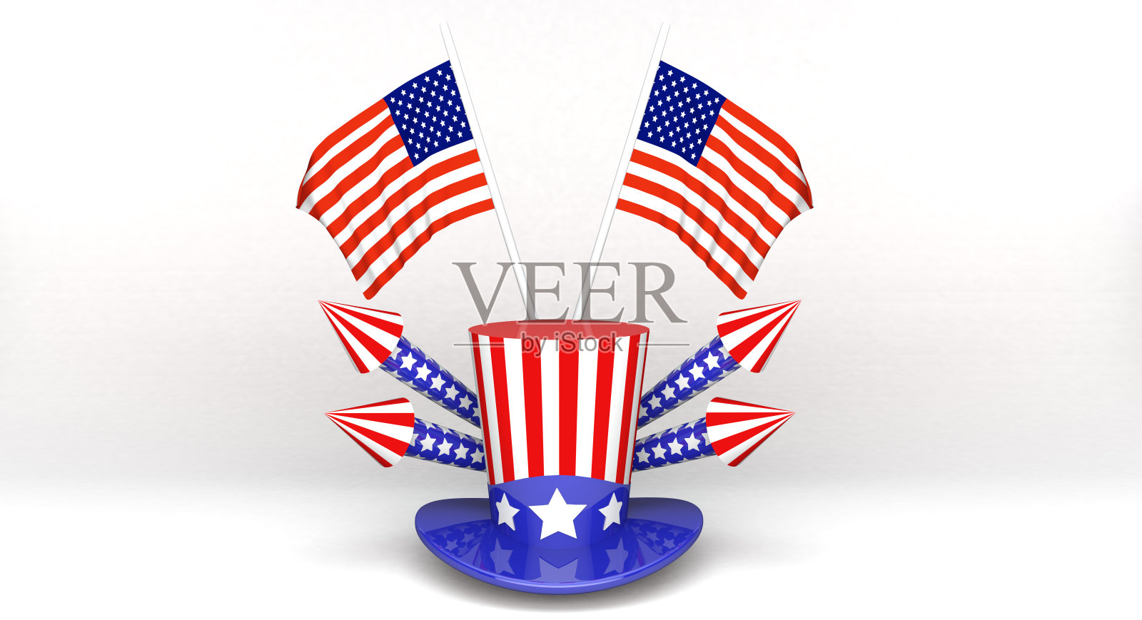 3D插图的美国帽子与星星和条纹,旗帜和烟花庆祝7月4日,独立日。照片摄影图片