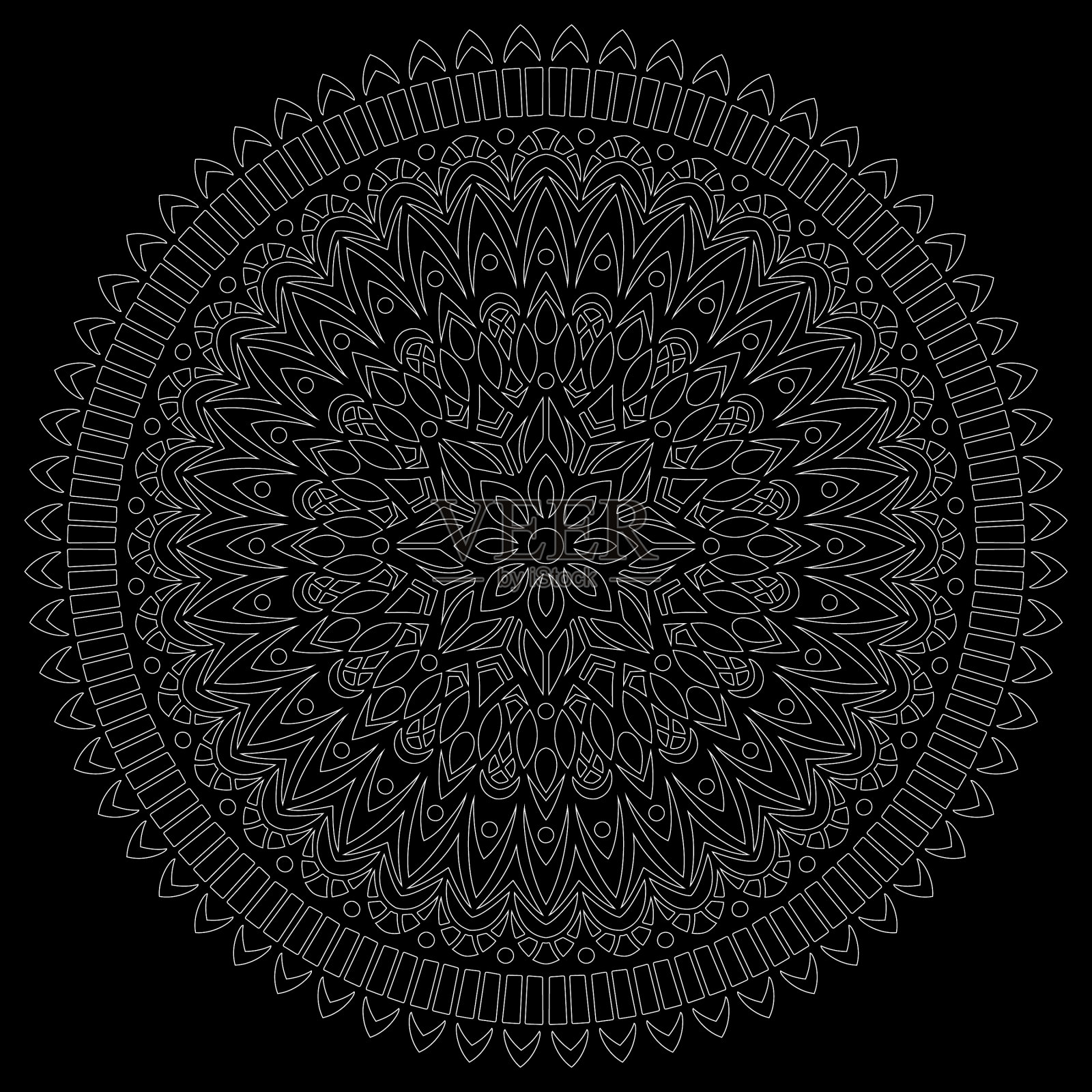 白色轮廓曼荼罗在黑色涂鸦素描插画图片素材