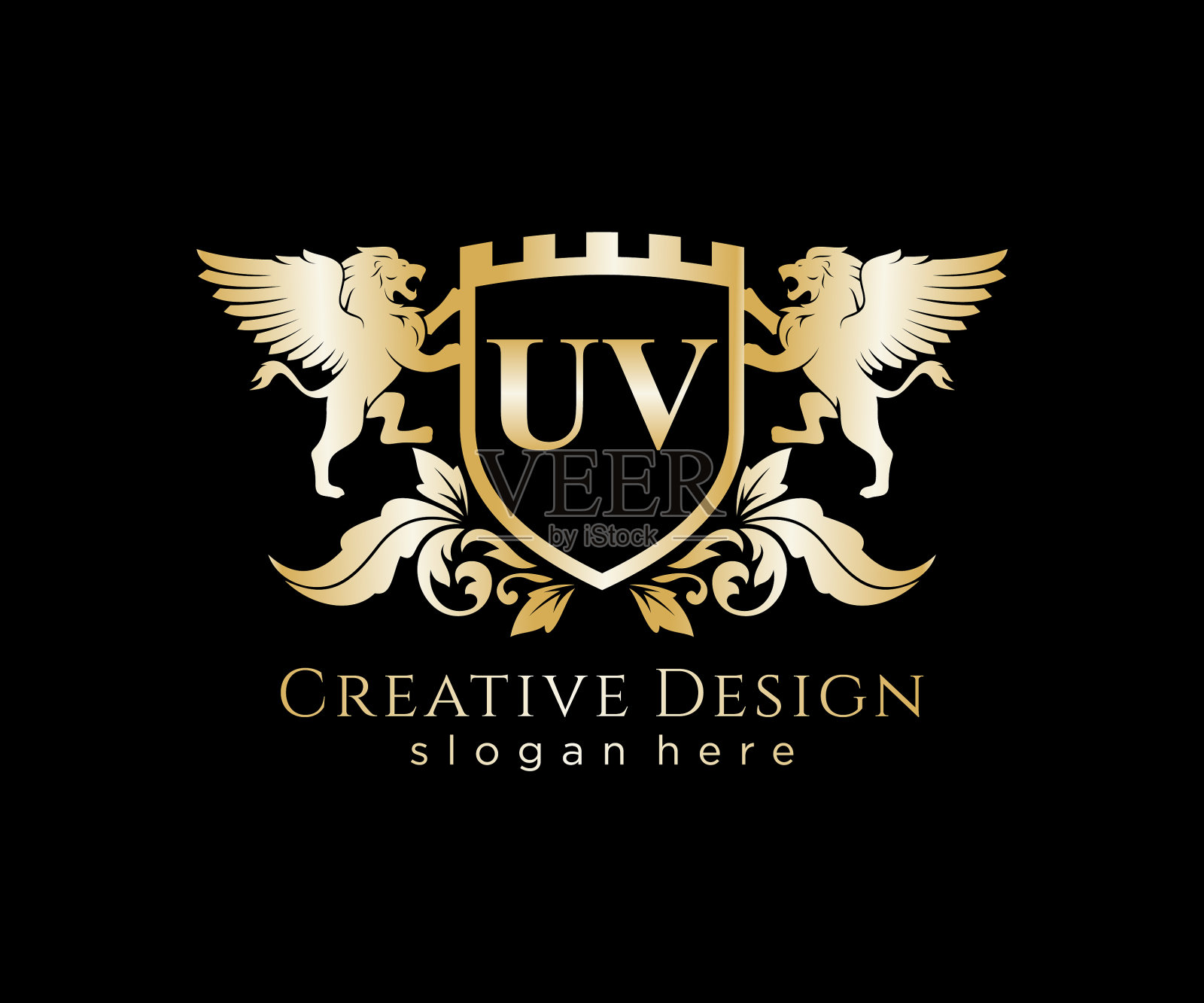 Uv字母首字母用狮子皇家标志模板插画图片素材