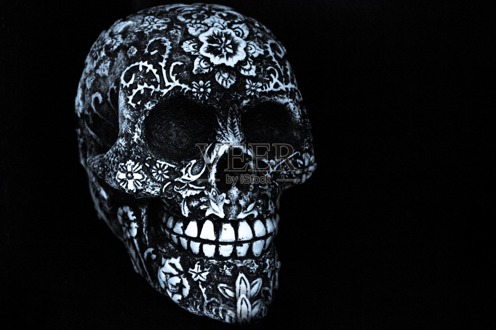 黑色背景上的假颅骨。本空间照片摄影图片