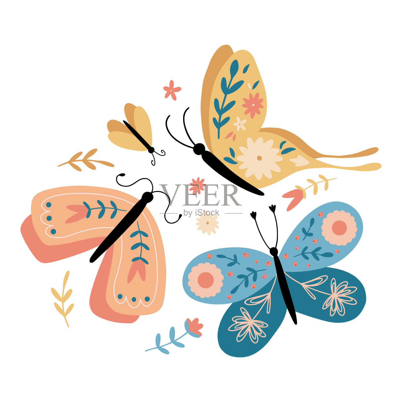 手绘蝴蝶图案合集:彩色翅膀、花朵、飞蛾,以及春夏花园元素,白色背景插画图片素材