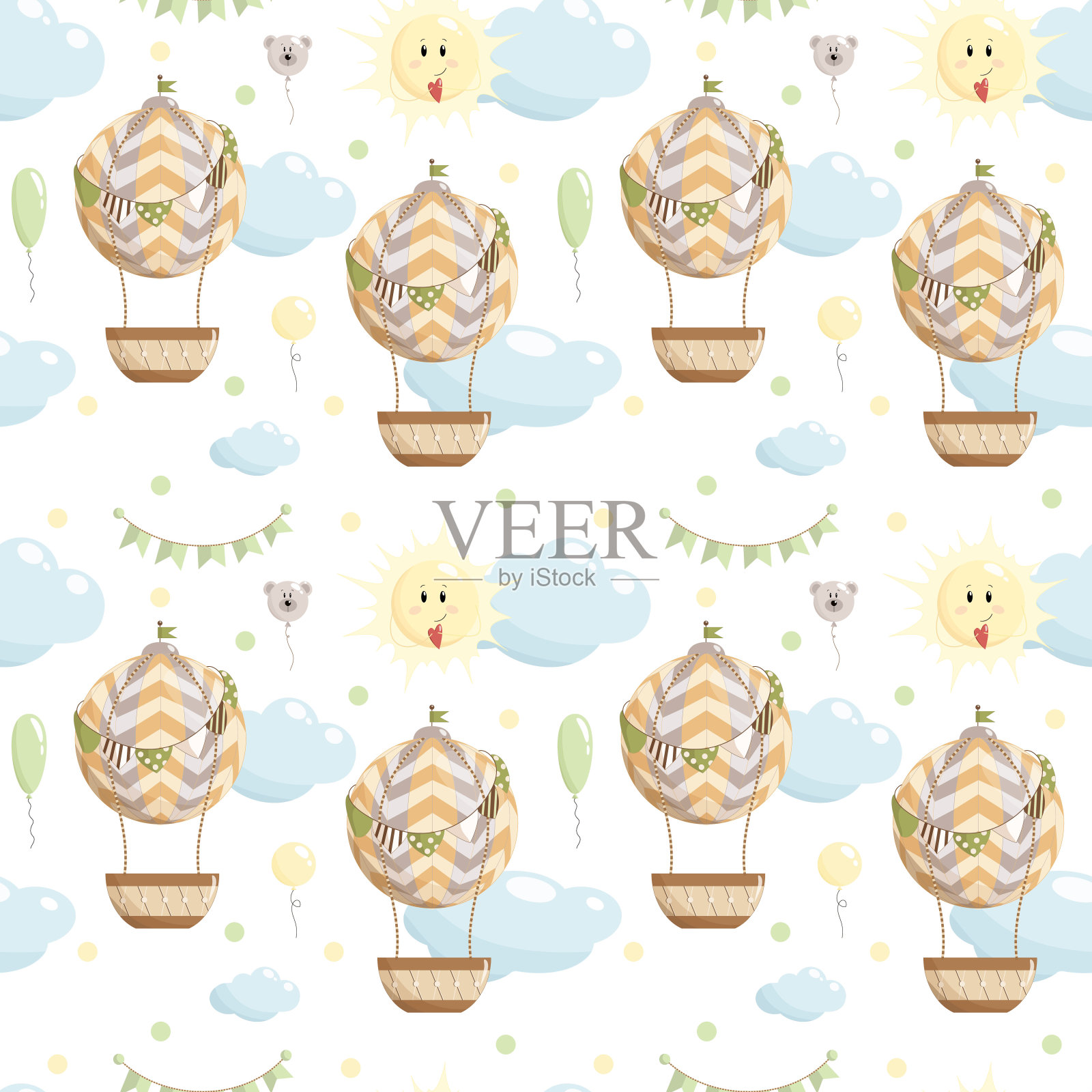 可爱有趣的幼稚无缝图案与热气球。手绘卡通,有云、气球、国旗纸和太阳。适合儿童面料,纺织品,包装。矢量插图。插画图片素材