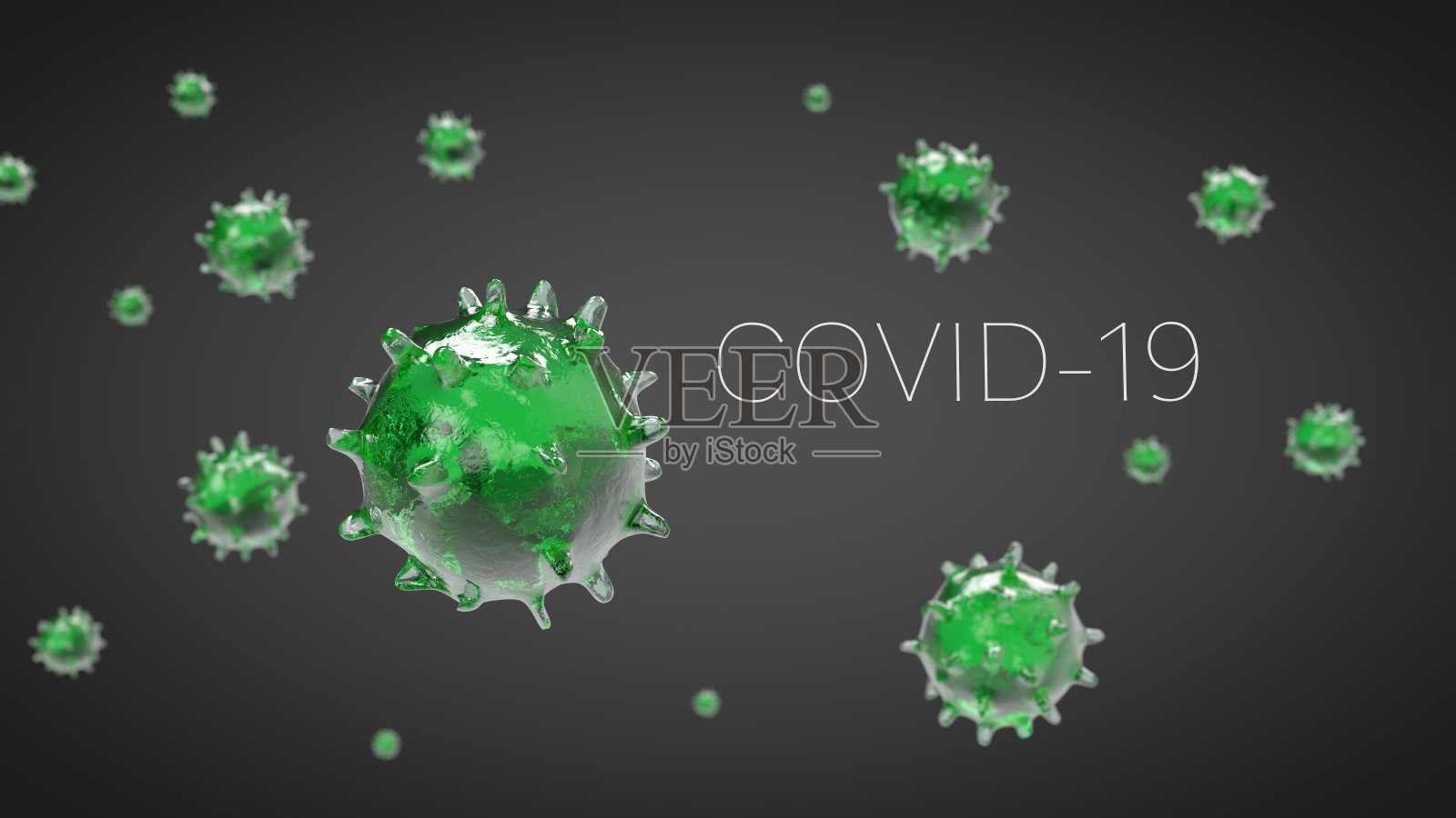 冠状病毒微观。绿色带有玻璃效果。危险的亚洲新型冠状病毒。SARS概念上深灰色背景与文本Covid-19。3D渲染,3D渲染。照片摄影图片