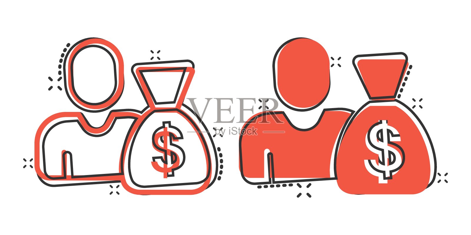 人们在漫画风格的钱袋图标。商人袋卡通矢量插图上白色孤立的背景。银行喷溅效应经营理念。插画图片素材