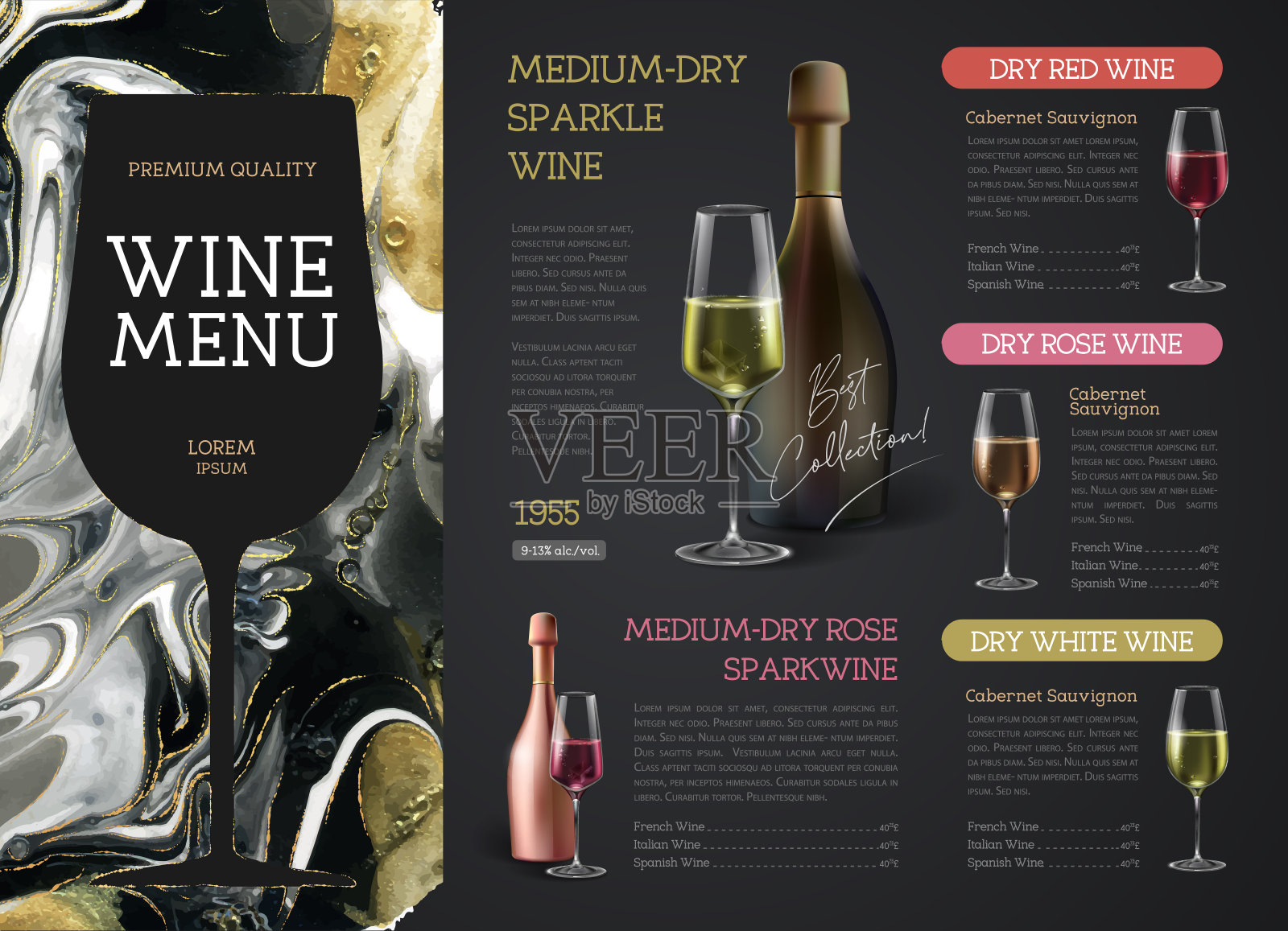 酒单设计以酒墨质感为主。大理石纹理的背景。插画图片素材