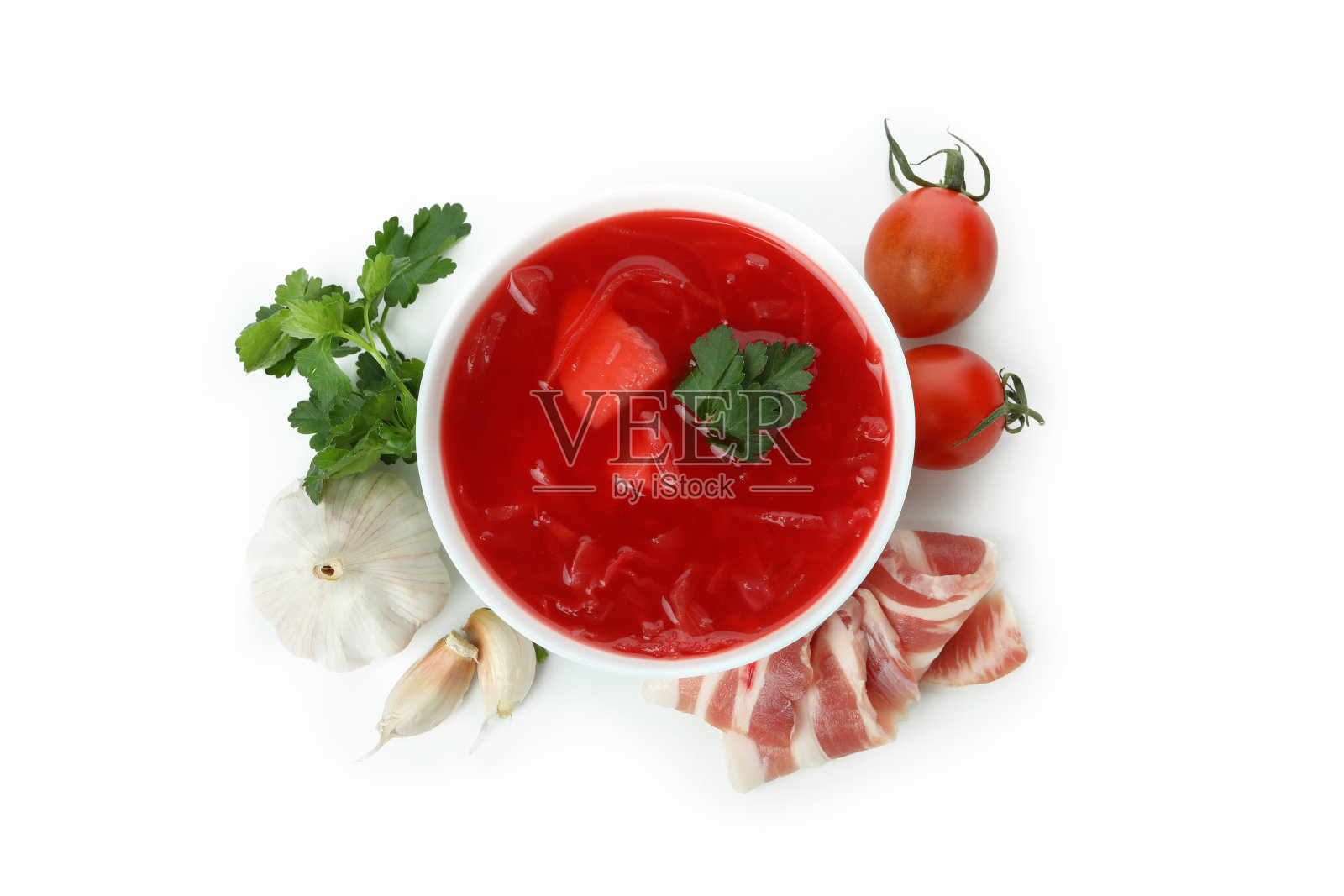 甜菜根汤和配料孤立在白色背景照片摄影图片